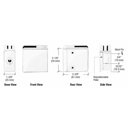 CRL ZL610W White Z-Series Square Type Radius Base Zinc Clamps for 3/8" and 1/2" Glass with Repositionable Plate