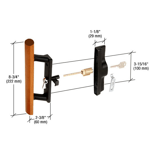 CRL C1132 Wood/Black Keyed Internal Lock Sliding Glass Door Handle Set with 3-15/16" Screw Holes for Viking Doors