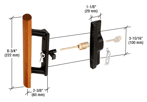 CRL C1132 Wood/Black Keyed Internal Lock Sliding Glass Door Handle Set with 3-15/16" Screw Holes for Viking Doors