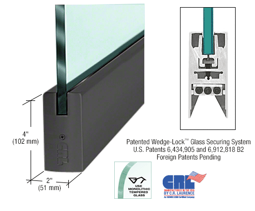 CRL DR4SBL12S Black Powder Coated 1/2" Glass 4" Square Door Rail Without Lock - 35-3/4" Length