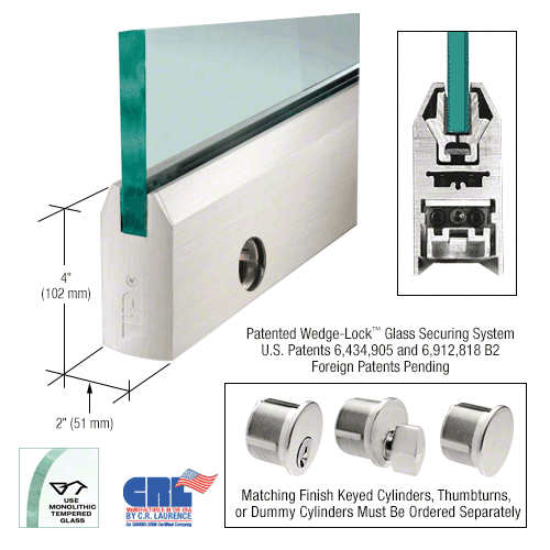 CRL DR4TPB12SL Polished Brass 1/2" Glass 4" Tapered Door Rail With Lock - 35-3/4" Length