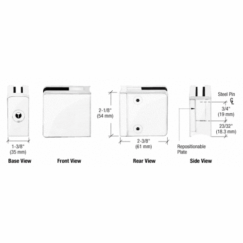 CRL ZL610W White Z-Series Square Type Radius Base Zinc Clamps for 3/8" and 1/2" Glass with Repositionable Plate