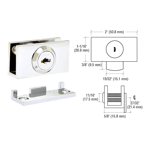 CRL EH98KA Chrome Cam Lock with Stop Plate for 1/4" or 3/8" Glass - Keyed Alike